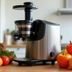 The image shows a sleek, modern commercial juicer machine ideal for beginner tips.
