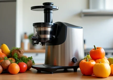 The image shows a sleek, modern commercial juicer machine ideal for beginner tips.