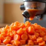 The image shows a modern carrot juicer machine on a kitchen counter, perfect for choosing the best for home use.