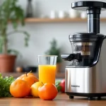 The image shows a sleek, modern juicer machine ready for use in a bright kitchen setting.