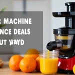 The image shows a variety of juicer machines on display, highlighting clearance deals available now.