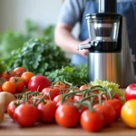 The image shows a clean, modern juicer with fresh fruit, illustrating simple juicer machine recipes for beginners.