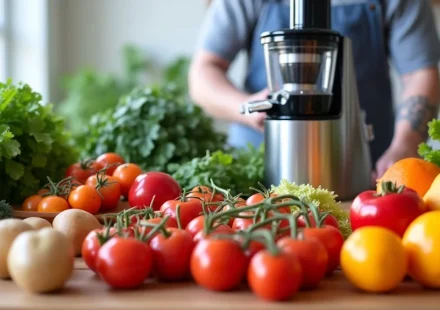 The image shows a clean, modern juicer with fresh fruit, illustrating simple juicer machine recipes for beginners.